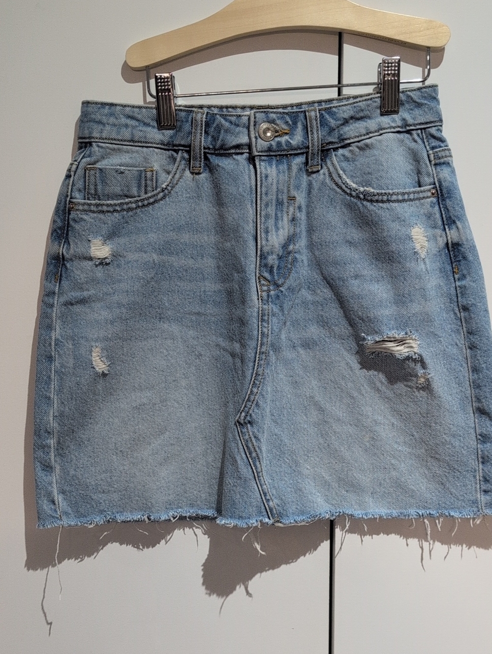 Zara Light Blue Distressed Denim Mini Skirt Size Small